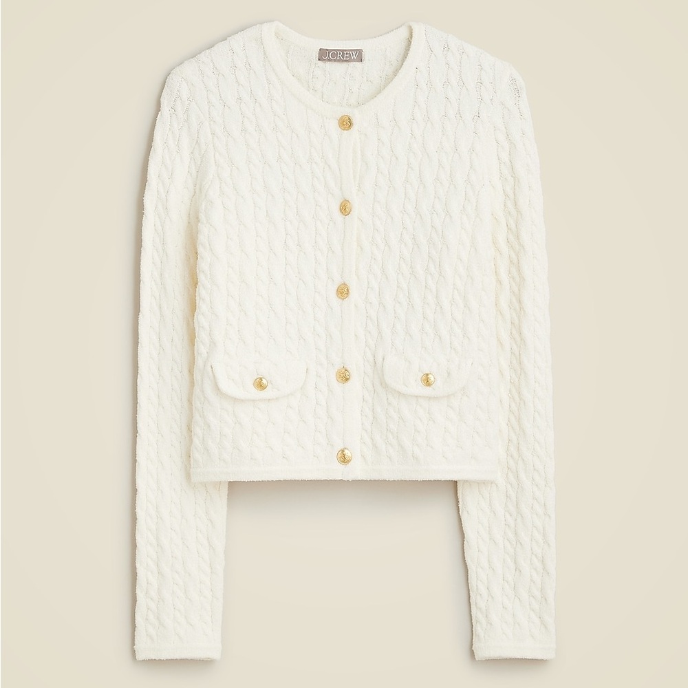 J Crew Odette Cable-Knit Sweater Lady Jacket in Cotton-Blend Bouclé L